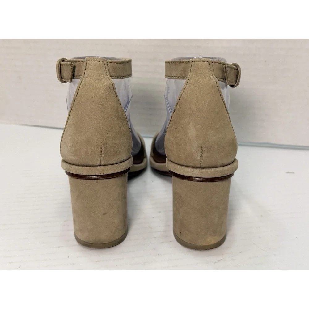 Tory Burch Gabrielle Beige Suede Block‎ Heel Sandals Logo Hardware Women's 6.5M